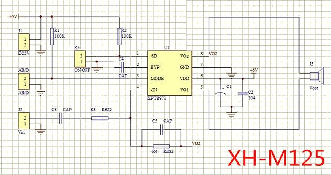 Audio versterker module 1x5W XH-M125 XPT8871 schema